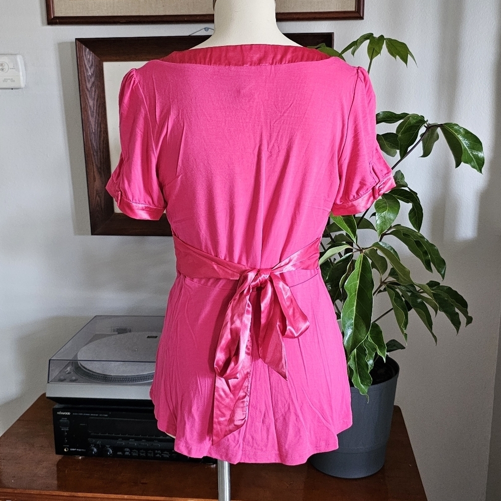Forever 21 Y2k hot pink bustier babydoll satin back tie chic v-neck soft top - Picture 3 of 4